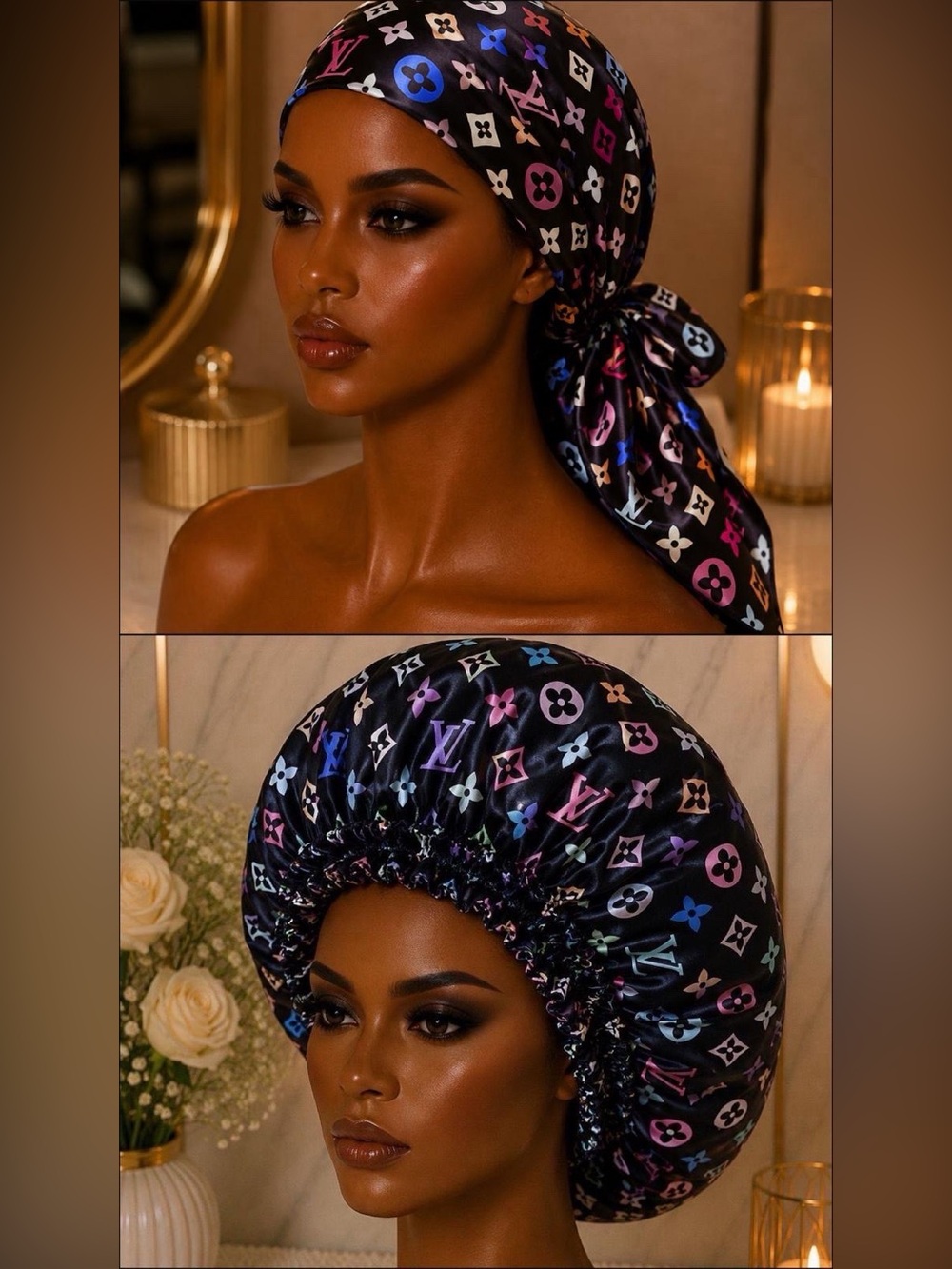 Silk-Look Multicolor Logo Print Headscarf & Bonnet Set - Black